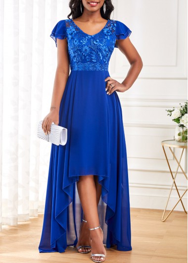 Royal Blue dresses,Plain Color dresses,ROTITA V Neck Lace Royal Blue High Low Dress