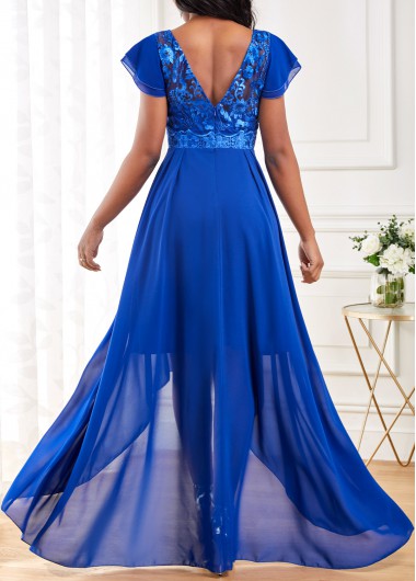Royal Blue dresses,Plain Color dresses,ROTITA V Neck Lace Royal Blue High Low Dress