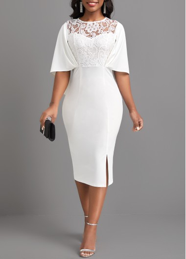 White dresses,Plain Color dresses,ROTITA Lace White Half Sleeve Bodycon Dress