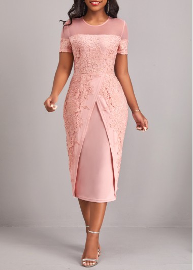 Light Pink dresses,Plain Color dresses,ROTITA Lace Light Pink Round Neck Short Sleeve Bodycon Dress