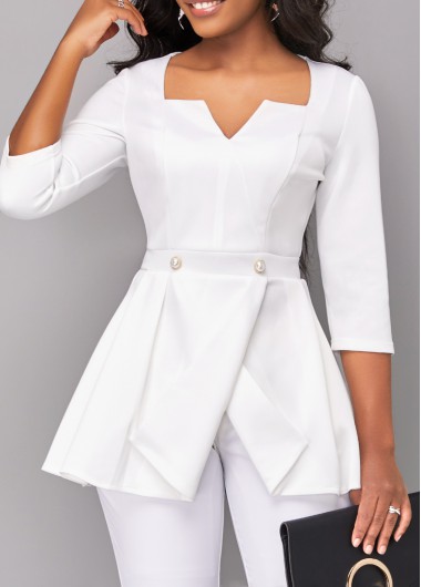 Raw white tops,Plain Color tops,ROTITA Split Raw White Square Neck Blouse