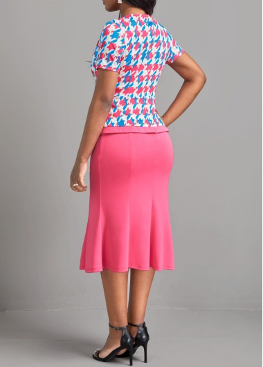 Hot Pink dresses,Houndstooth dresses,ROTITA Button Houndstooth Print Hot Pink Bodycon Dress