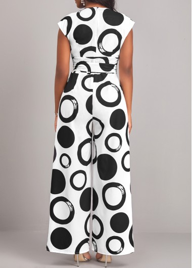 White jumpsuits & rompers,Black jumpsuits & rompers,Geometric jumpsuits & rompers,ROTITA Geometric Print White Belted V Neck Jumpsuit