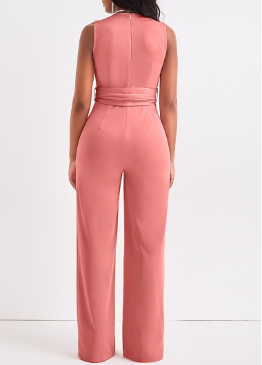 Dusty Pink jumpsuits & rompers,Plain Color jumpsuits & rompers,ROTITA Tie Dusty Pink Belted Long V Neck Jumpsuit
