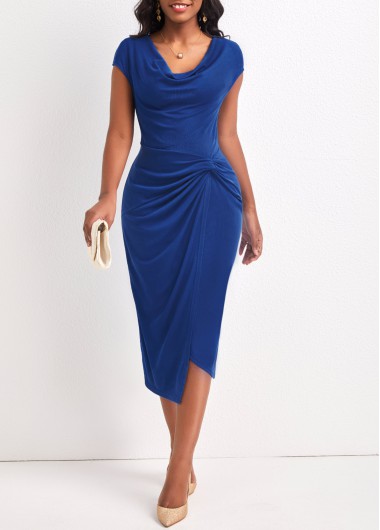 Blue dresses,Plain Color dresses,ROTITA Twist Blue Draped Neck Short Sleeve Bodycon Dress