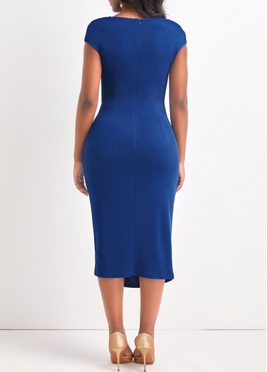 Blue dresses,Plain Color dresses,ROTITA Twist Blue Draped Neck Short Sleeve Bodycon Dress
