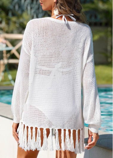 White swimwear,Plain Color swimwear,Tassel Long Sleeve White Cover Up