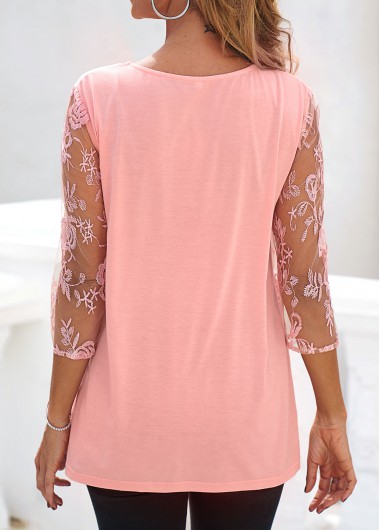Pink tops,Plain Color tops,ROTITA Three Quarter Length Sleeve Lace Pink Round Neck Blouse