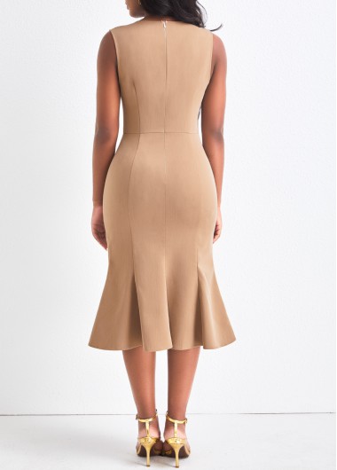 Light Camel dresses,Plain Color dresses,ROTITA Double Breasted Light Camel Round Neck Bodycon Dress