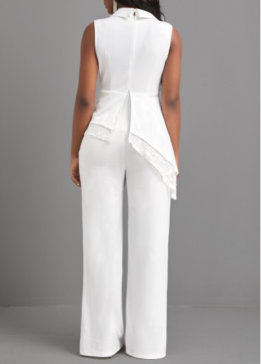 White jumpsuits & rompers,Plain Color jumpsuits & rompers,ROTITA Lace White Long Turn Down Collar Sleeveless Jumpsuit