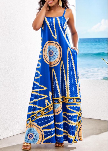 Royal Blue dresses,Plants dresses,ROTITA Pocket Leaf Print Royal Blue Maxi Dress