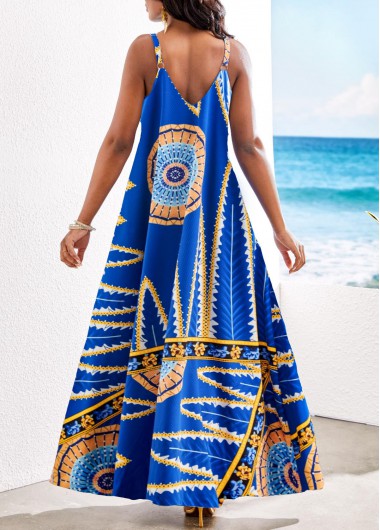 Royal Blue dresses,Plants dresses,ROTITA Pocket Leaf Print Royal Blue Maxi Dress