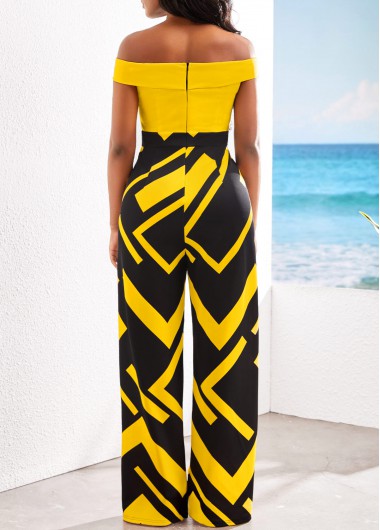 Yellow jumpsuits & rompers,Black jumpsuits & rompers,Geometric jumpsuits & rompers,ROTITA Patchwork Geometric Print Yellow Off Shoulder Jumpsuit