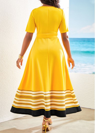 Yellow dresses,Striped dresses,Geometric dresses,ROTITA Patchwork Striped Yellow Belted V Neck Maxi Dress