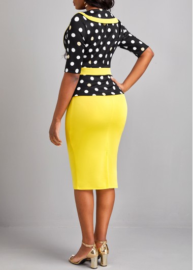 Yellow dresses,Black dresses,Dot dresses,Geometric dresses,Party dresses,Elegant dresses,ROTITA Patchwork Polka Dot Yellow V Neck Bodycon Dress