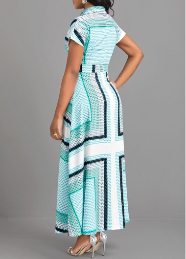 Cyan dresses,Geometric dresses,ROTITA Button Geometric Print Cyan Belted Maxi Dress