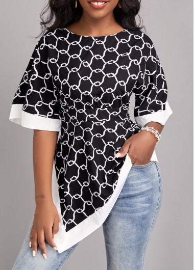 Black tops,Geometric tops,ROTITA Asymmetry Geometric Print Black Round Neck Blouse