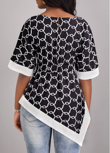 Black tops,Geometric tops,ROTITA Asymmetry Geometric Print Black Round Neck Blouse