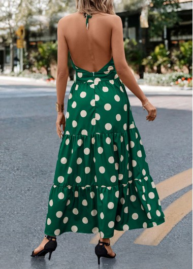 Green dresses,Dot dresses,Tie Polka Dot Green Halter Strappy Maxi Dress