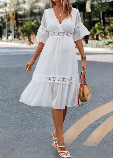 White dresses,Plain Color dresses,Patchwork White V Neck Half Sleeve Dress