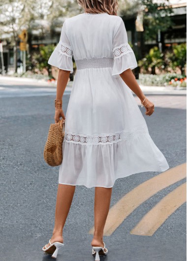 White dresses,Plain Color dresses,Patchwork White V Neck Half Sleeve Dress
