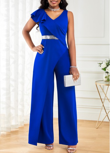 Royal Blue jumpsuits & rompers,Plain Color jumpsuits & rompers,ROTITA Sequin Royal Blue Long V Neck Sleeveless Jumpsuit