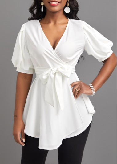 White tops,Plain Color tops,ROTITA Asymmetry White V Neck Short Sleeve Belted Blouse