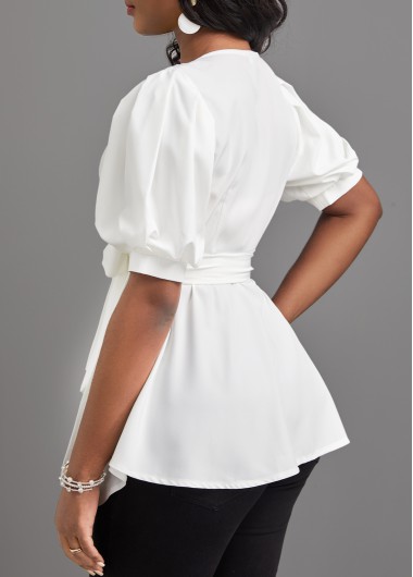 White tops,Plain Color tops,ROTITA Asymmetry White V Neck Short Sleeve Belted Blouse