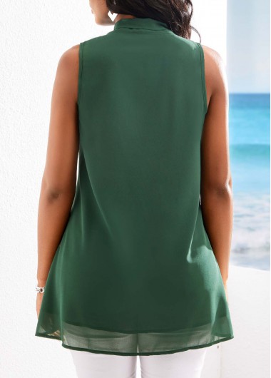 Blackish Green tops,Plain Color tops,ROTITA Bowknot Blackish Green Tie Collar Tank Top