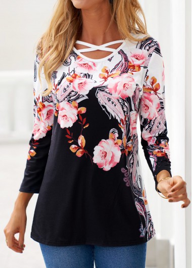 Black tops,Floral tops,Dot tops,Paisley tops,ROTITA Criss Cross Floral Print Black T Shirt