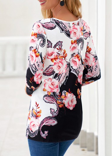 Black tops,Floral tops,Dot tops,Paisley tops,ROTITA Criss Cross Floral Print Black T Shirt