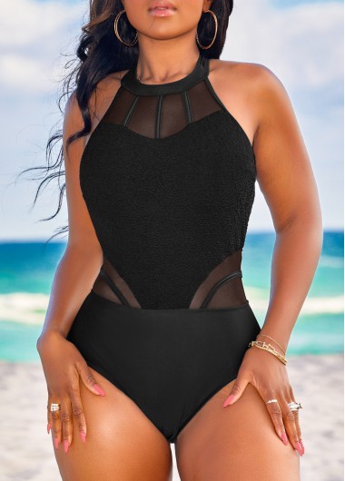 Black swimwear,Plain Color swimwear,ROTITA Cutout Patchwork Black One Piece Swimwear