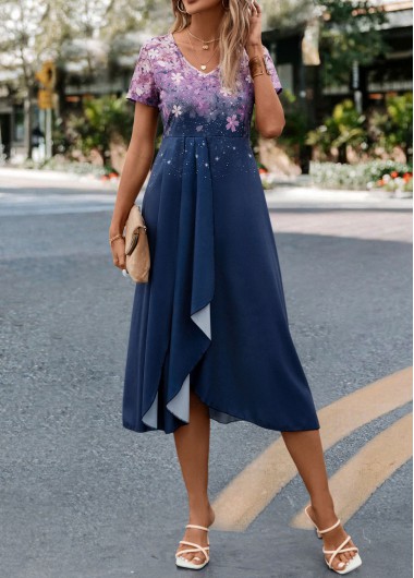 Navy dresses,Floral dresses,Ombre dresses,Cross Hem Floral Print Navy V Neck Dress