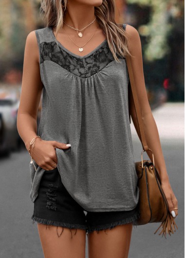 Dark Grey tops,Plain Color tops,Lace Dark Grey Scoop Neck Tank Top