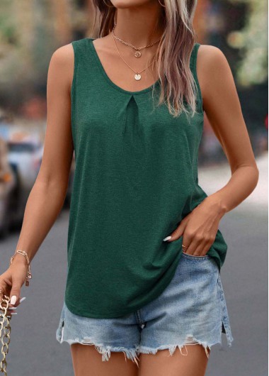 Blackish Green tops,Plain Color tops,Scoop Neck Blackish Green Tank Top