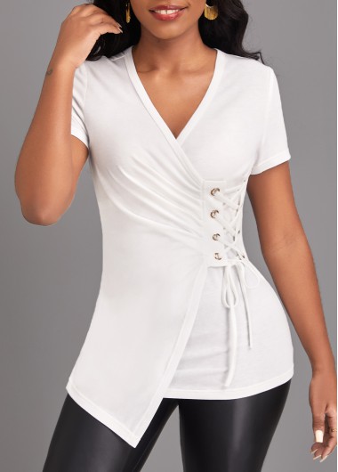 White tops,Plain Color tops,ROTITA Eyelet White V Neck Short Sleeve T Shirt