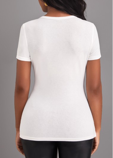 White tops,Plain Color tops,ROTITA Eyelet White V Neck Short Sleeve T Shirt