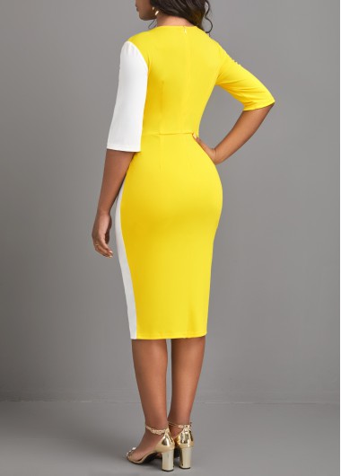 Yellow dresses,White dresses,Plain Color dresses,ROTITA Patchwork Yellow Round Neck Half Sleeve Bodycon Dress
