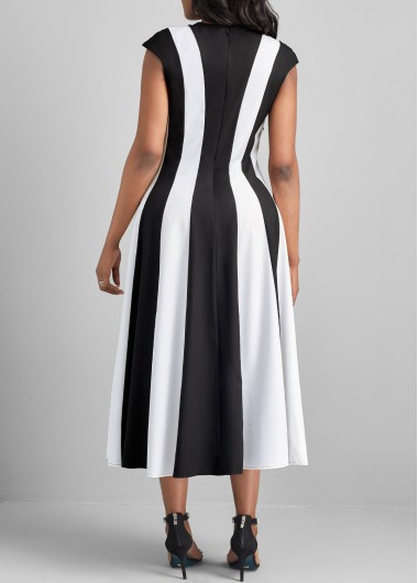 Black dresses,White dresses,Contrast Color dresses,ROTITA Zipper Black Round Neck Short Sleeve Dress