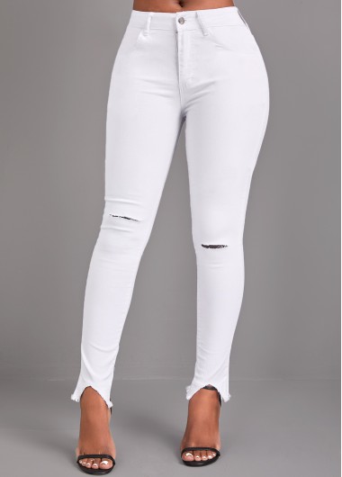 White bottoms,Plain Color bottoms,Button White Skinny High Waisted Jeans
