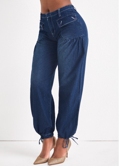 Dark Blue bottoms,Plain Color bottoms,Pocket Dark Blue Zipper Fly Jogger Jeans