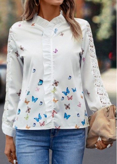 White tops,Animal Print tops,Patchwork Butterfly Print White Round Neck Blouse