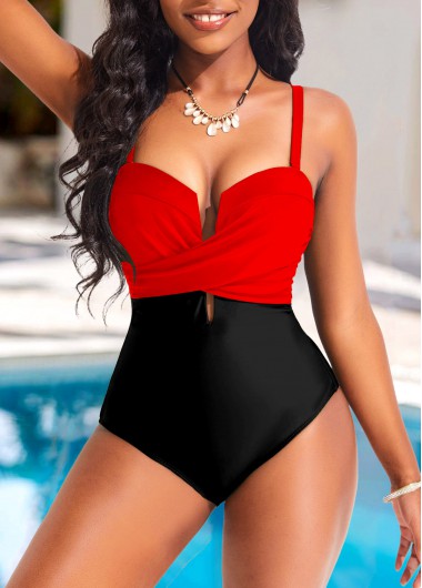 Red swimwear,Black swimwear,Contrast Color swimwear,ROTITA Criss Cross Contrast Red One Piece Swimwear
