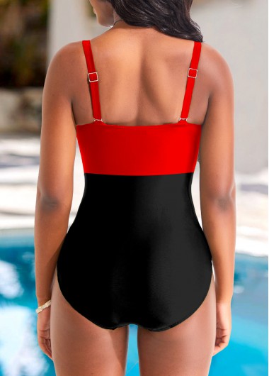Red swimwear,Black swimwear,Contrast Color swimwear,ROTITA Criss Cross Contrast Red One Piece Swimwear