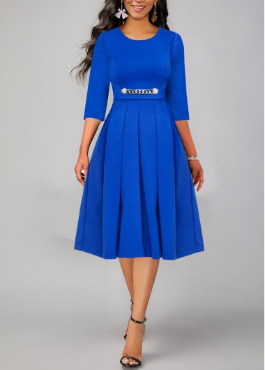 Blue dresses,Plain Color dresses,ROTITA Pearl 3/4 Sleeve Blue Round Neck Dress