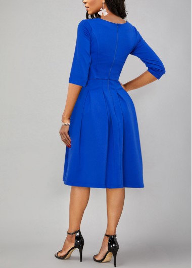 Blue dresses,Plain Color dresses,ROTITA Pearl 3/4 Sleeve Blue Round Neck Dress