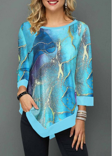 Cyan tops,Ombre tops,ROTITA Patchwork Ombre Cyan Round Neck T Shirt