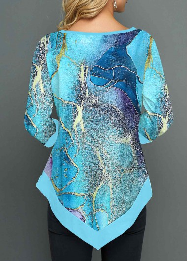 Cyan tops,Ombre tops,ROTITA Patchwork Ombre Cyan Round Neck T Shirt