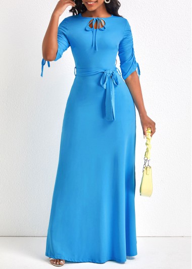 Light Blue dresses,Plain Color dresses,Drawstring Light Blue Belted Maxi Dress
