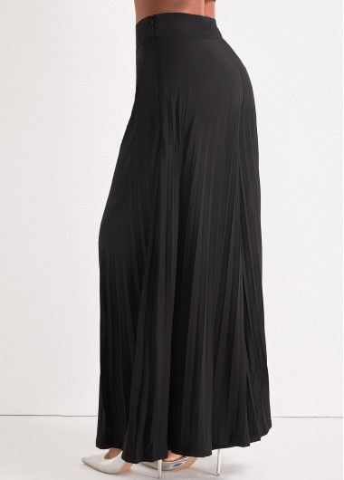 Black bottoms,Plain Color bottoms,Black Elastic Waist Pleated Wide Leg Pants